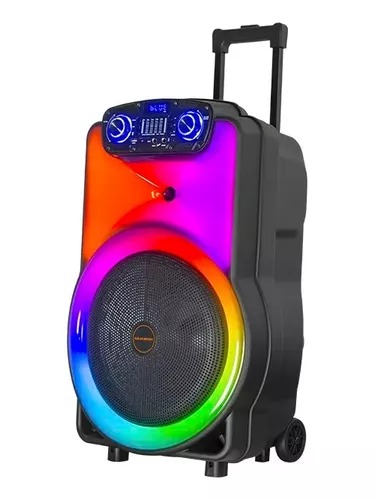 Parlante gigante con carrito y micrófono