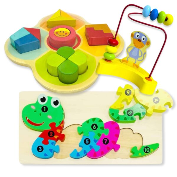 Pack x 3 juegos de mesa Mono+Puzzle de madera+Encastre carita