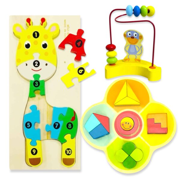 Pack x 3 juegos de mesa Mono+Puzzle de madera+Encastre carita