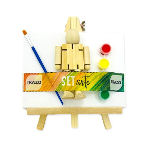 Set arte Mini atril+bastidor+acuarelas+muñeco madera articulable