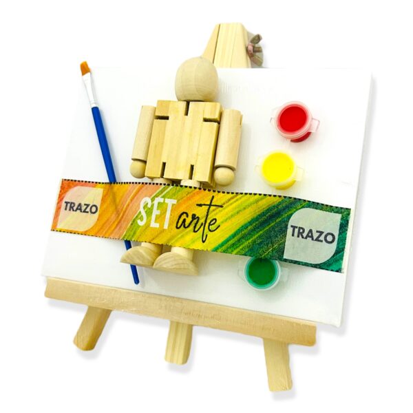 Set arte Mini atril+bastidor+acuarelas+muñeco madera articulable