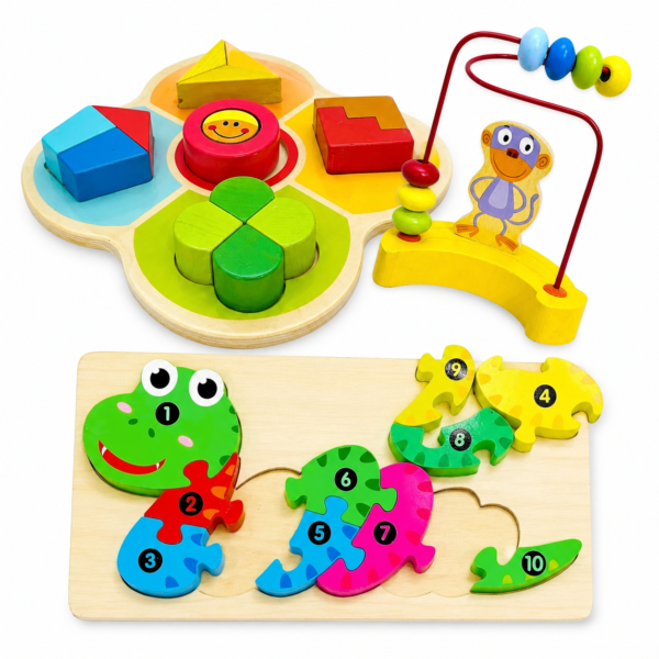 Pack x 3 juegos de mesa Mono+Puzzle de madera+Encastre carita