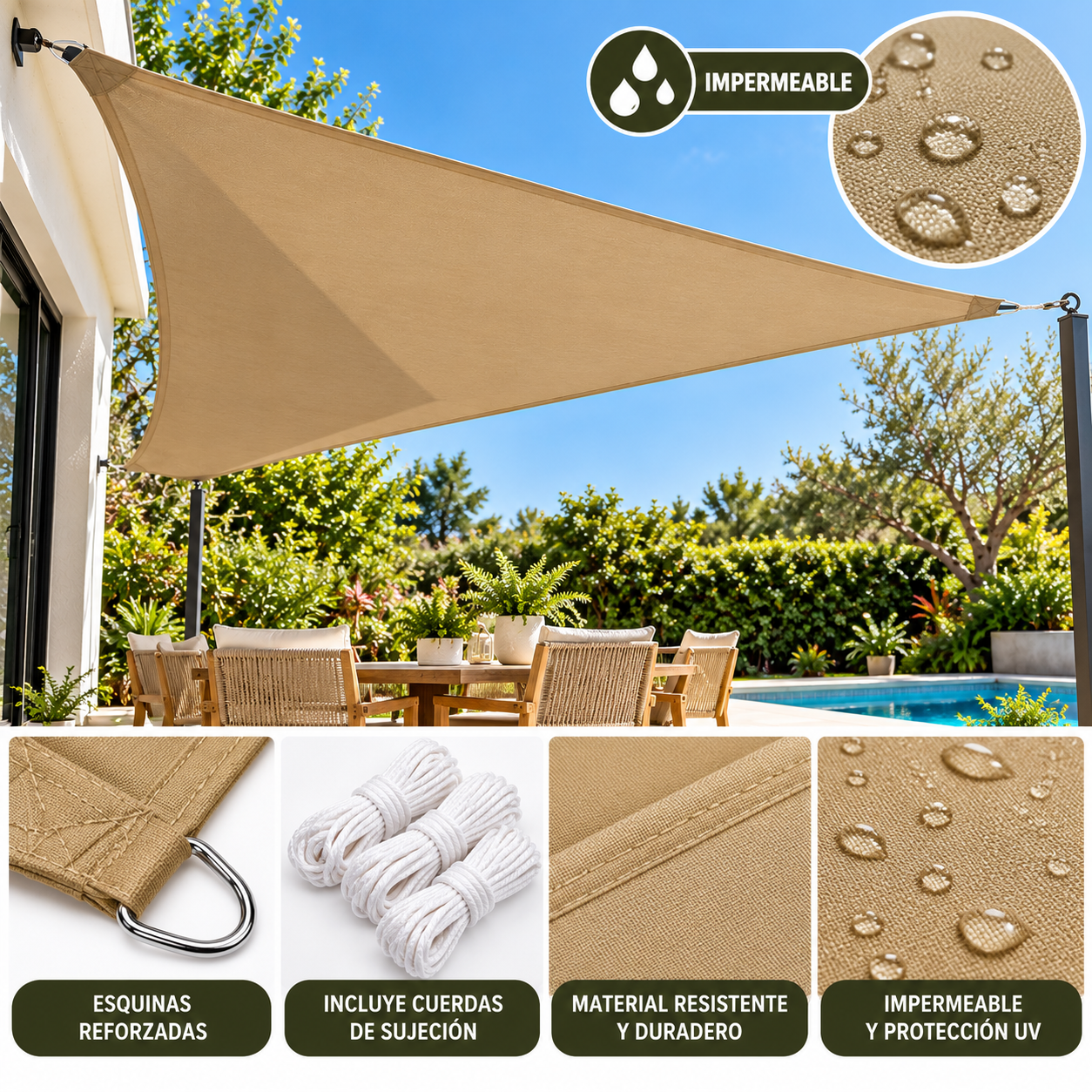 Toldo vela triángulo caqui 3x3x3 - Imagen 4
