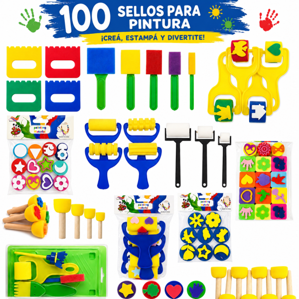 Set de 100 Sellos para Pintura Infantil – Rodillos, Esponjas y Sellos de Goma EVA