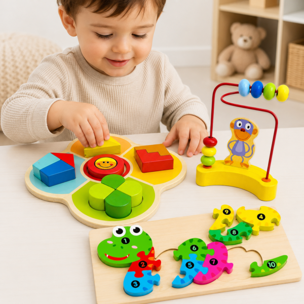 Pack x 3 juegos de mesa Mono+Puzzle de madera+Encastre carita