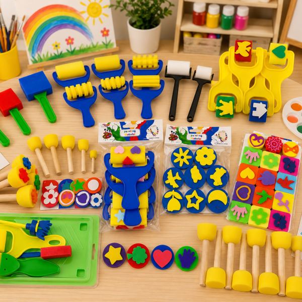 Set de 100 Sellos para Pintura Infantil – Rodillos, Esponjas y Sellos de Goma EVA