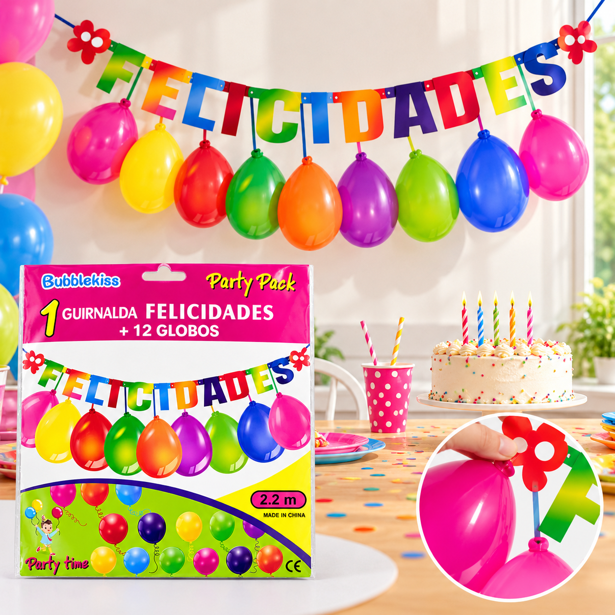 Set de Guirnalda Felicidades + 12 Globos - Imagen 2